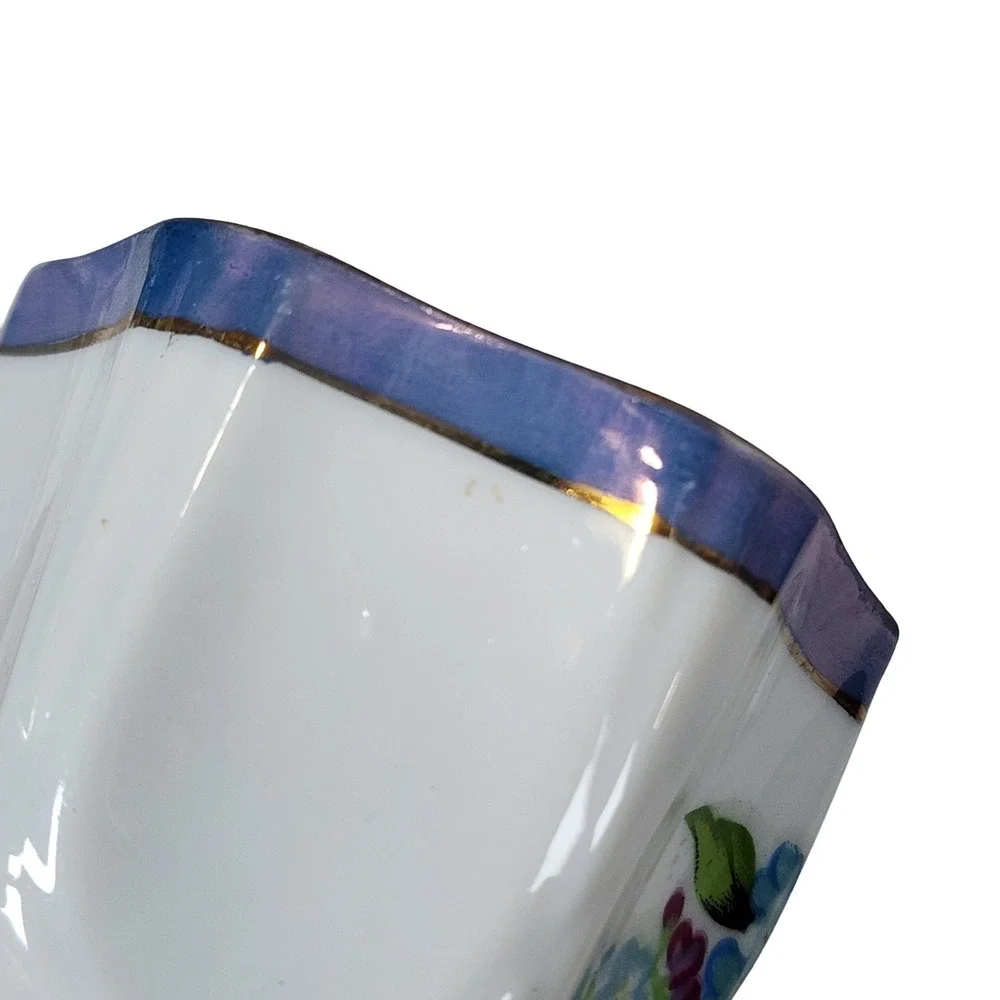 Vintage Footed Iridescent Purple Floral Teacup Saucer Set Reticulated Porcelain